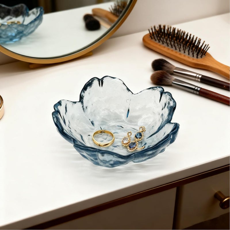 BESSKON Flower Ring Dish Jewelry Tray, Glass Jewelry Dish Tray, Aesthetic Room Decor Small Trinket Dish, Nightstand Jewlery Ring Holder Dish, Bathroom Jewelry Plate Bowl for Rings Earrings Wife Gift (Blue) - Image 5